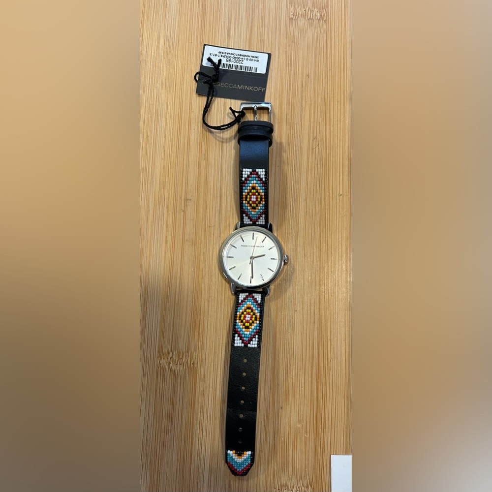 REBECCA MINKOFF WATCH WITH 36mm SILVER FACE & BLACK BEADED LEATHER BAND - Picture 4 of 6